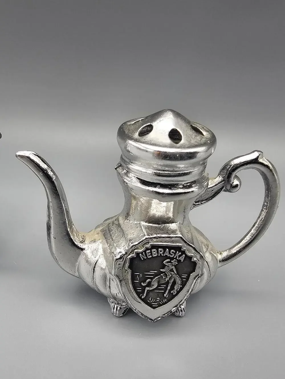 Vintage Nebraska Teapot Salt and Pepper Shakers Pair Silver Tone Souvenir